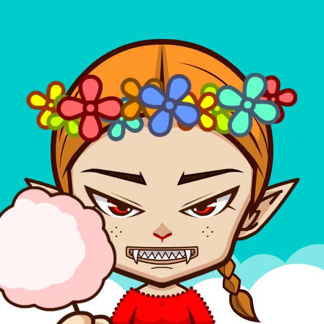 A chibi-style cartoon of a fierce-looking elf character with pointy ears, fangs, and a colorful flower crown, blowing a large pink bubble.