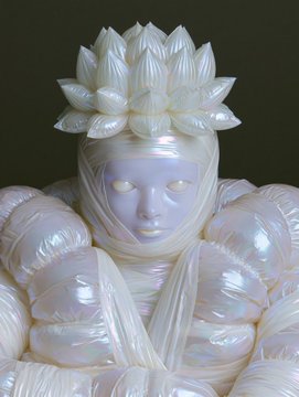 A close-up of a pearlescent sculpture depicting a serene figure with closed eyes wearing a hood adorned with a lotus flower crown.