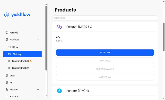 A screenshot of the YieldFlow DeFi platform showing a 'Products' page with staking options for Polygon (MATIC) at 5.58% APY and Fantom (FTM), with navigation tabs for Portfolio, Yflow, Staking, Liquidity Pools, Vault, and NFT.
