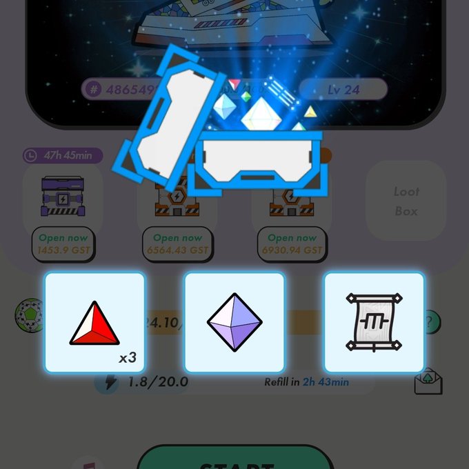 A mobile game interface showing a space-themed scene with a treasure chest highlighted in blue, displaying Loot Boxes priced at 1453.9 GST, 6564.43 GST, and 6930.94 GST, along with item cards including a red triangle (x3), a purple gem, and a scroll.