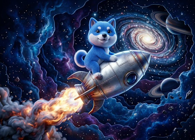 A vibrant digital illustration shows a blue Shiba Inu dog riding a silver rocket ship blasting off through a colorful cosmic scene featuring galaxies, stars, and planets.