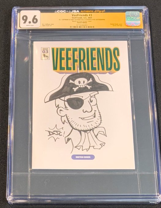 A CGC-graded 9.6 copy of the 'Veefriends #3' sketch cover comic featuring a black-and-white pirate illustration, created by Gary Vaynerchuk.