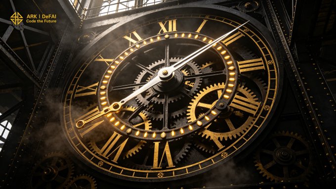 An ornate steampunk-style clock with golden Roman numerals and exposed gears fills the frame, symbolizing precision timing. The watermark "ARK | DeFAI - Code the Future" appears in the upper-left corner, reinforcing the post's message about acting at the right moment to build a DeFAI future through AI-driven execution.