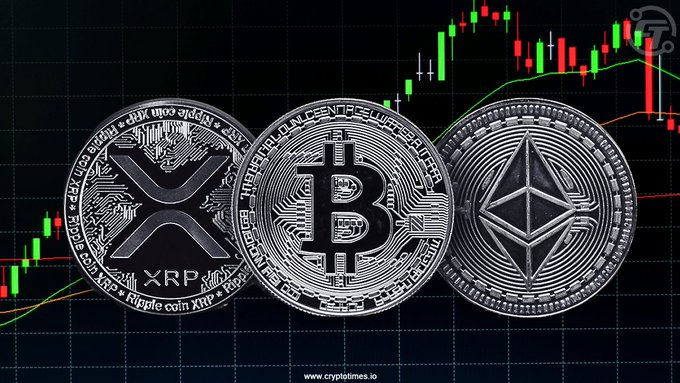 A photograph of physical cryptocurrency coins—XRP, Bitcoin (BTC), and Ethereum (ETH)—displayed against a candlestick chart backdrop, visually reinforcing the post's data showing $6.72M in inflows for ETH, $2.25M for XRP, and $131.13M in outflows for BTC.