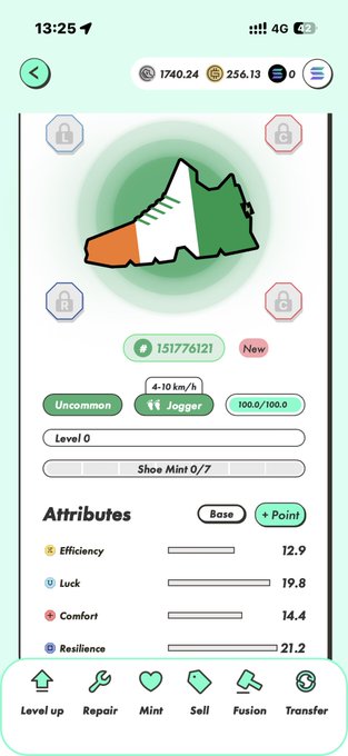 The image shows a STEPN app screen displaying an "Uncommon Jogger" sneaker NFT with ID 151776121, featuring a shoe design colored in green, white, and orange (representing Côte d'Ivoire/コートジボワール), with attributes like Efficiency 12.9, Luck 19.8, Comfort 14.4, and Resilience 21.2. This relates to the post documenting the user's shoe collection ("靴箱") of 14 countries following FIFA World Cup matches, where this newly enhanced "Côte d'Ivoire" sneaker was created from two Senegal sneakers (セネガルが2足あったので), bringing their collection to 8 confirmed countries in the tournament.