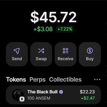 A crypto wallet interface showing a balance of $45.72 with a +$3.08 (+7.22%) gain, featuring a token called "The Black Bull" with ticker $ANSEM valued at $22.23 (+$2.47), reinforcing the post's bullish sentiment that the job isn't finished on $ANSEM.