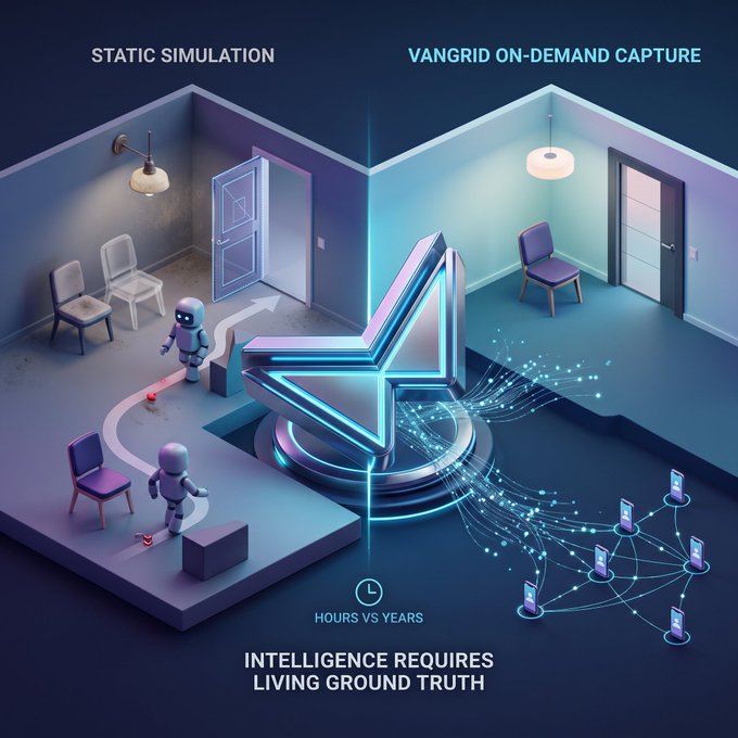 Futuristic 3D illustration comparing 'STATIC SIMULATION' vs 'VANGrid on-demand capture' showing small robots navigating rooms, with text 'INTELLIGENCE REQUIRES LIVING GROUND TRUTH' and 'HOURS VS YEARS'.