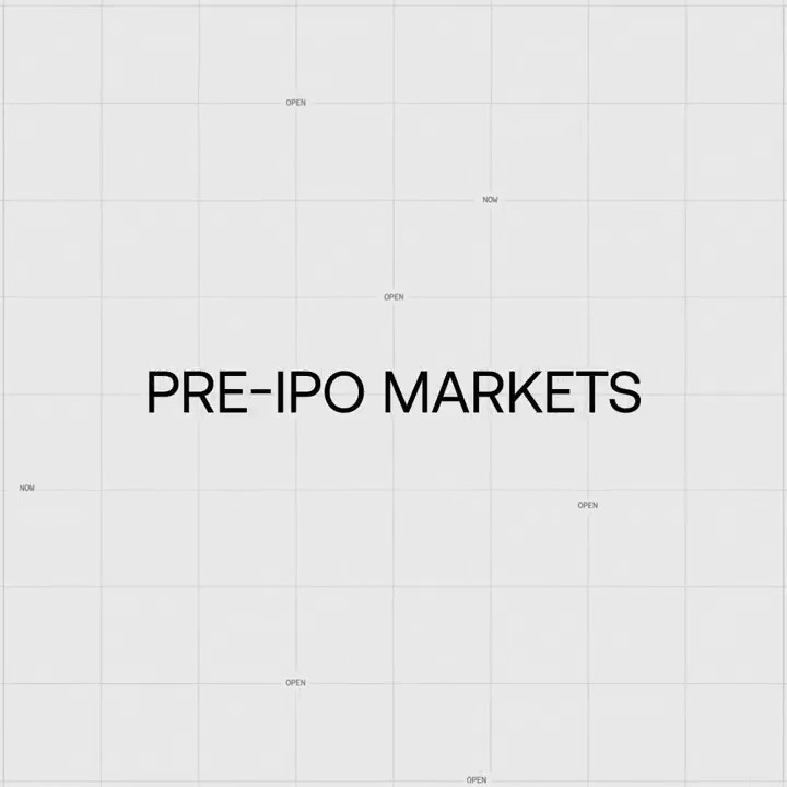 A minimalist white grid background with scattered small text labels reading 'OPEN' and 'NON', centered around the bold text 'PRE-IPO MARKETS'.