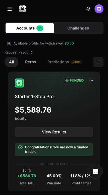 A trading app screenshot showing an account named 'Starter 1-Step Pro' marked as 'FUNDED' with $5,589.76 equity, a $0 total P&L with +$589.76 profit, 45.00% win rate, and 11.8%/12% profit target.