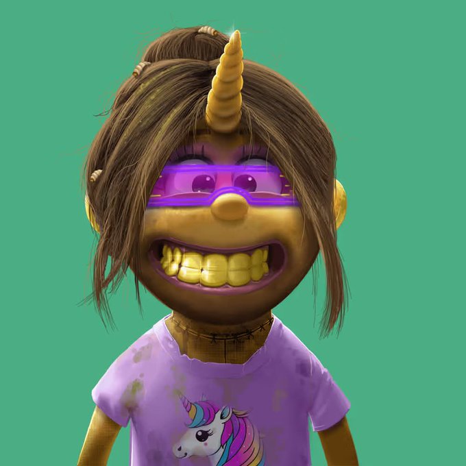 A 3D rendered character with yellow skin, a unicorn horn, a wide toothy grin, purple eyeshadow, and a purple shirt with a unicorn graphic, set against a green background.