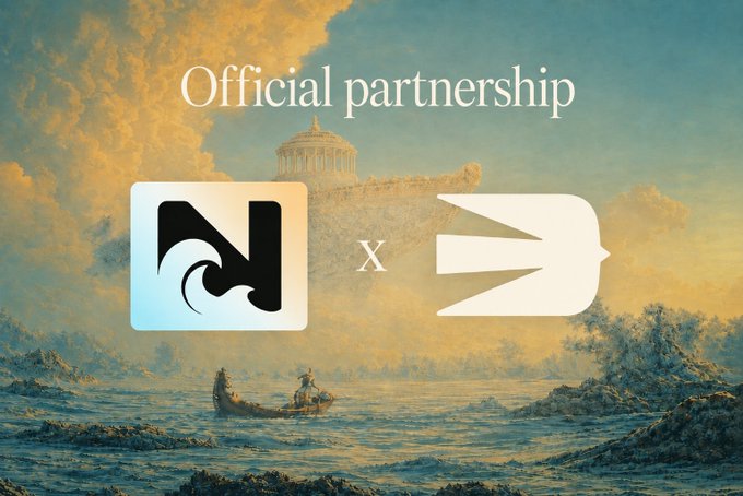 An 'Official partnership' announcement graphic showing a wave logo and a bird logo over a classical painting of a ship at sea.
