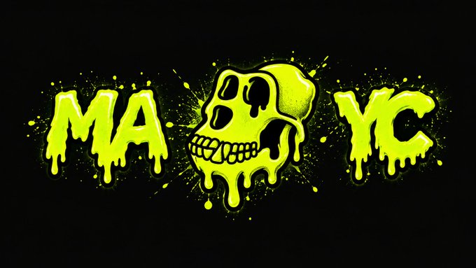 The accompanying image displays the text "MAYC" in dripping yellow-green graffiti-style lettering, with the "O" replaced by a melting cartoon skull. This visual ties directly to the post's mention of MAYC (Mutant Ape Yacht Club), serving as a stylized logo or brand representation of the NFT collection the user is considering purchasing for its art appeal and BAYC club access benefits.
