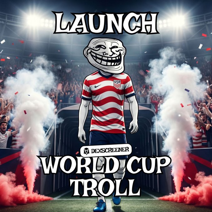 The image features a man wearing an American football jersey, standing in front of a crowd at a stadium with smoke coming out from behind him. The caption reads "Launch World Cup Troll" which is related to the image as it seems to be a promotional image for a World Cup Troll event or a similar type of event featuring football and smoke effects.
