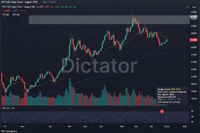 A TradingView BTC/USD daily chart from August 2026 showing a price of 65,330, overlaid with a large watermark reading 'Dictator'.
