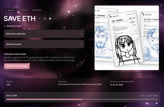 The image shows a webpage for the "SAVE ETH" NFT collection by Sterling Crispin, displaying 1,000 NFTs with 145 backers and 495/1,000 (50%) minted, alongside preview sketches of NFT character designs. The page notes that backers can take active NFTs within 1 day 2 hours, aligning with the post's announcement about tomorrow's token claim window.