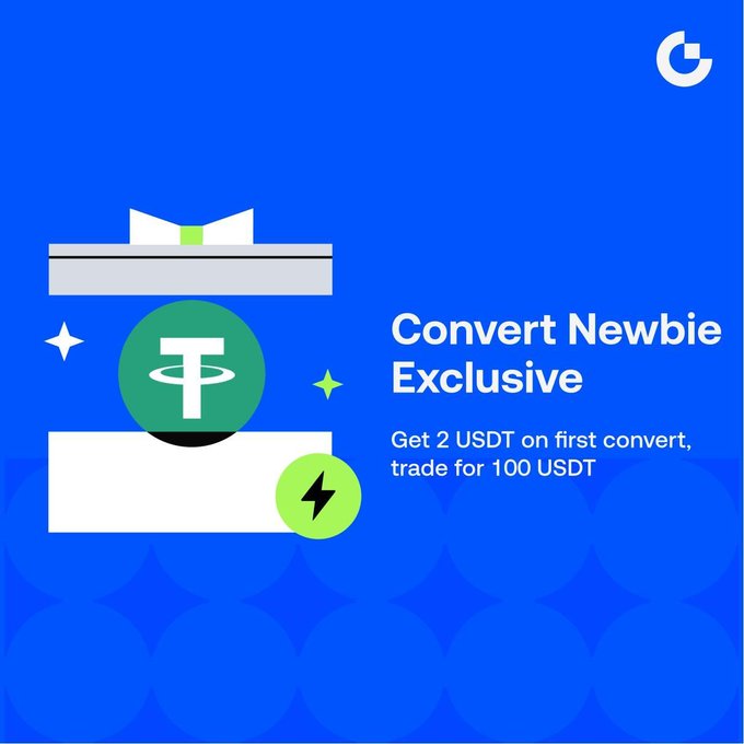 A blue promotional graphic for Gate Convert's "Convert Newbie Exclusive" offer, featuring the Tether (USDT) logo and stating "Get 2 USDT on first convert, trade for 100 USDT." The image highlights the post's message about Gate Convert's zero-fee crypto swapping service and its new user bonus incentive.