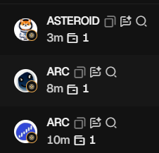 A dark-themed interface list showing three items with icons: 'ASTEROID' (3m, 1), 'ARC' (8m, 1), and another 'ARC' (10m, 1), each with accompanying action icons.