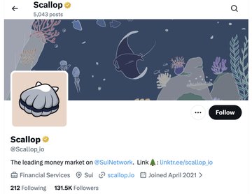A screenshot of Scallop's Twitter/X profile (@Scallop_io), which has 131.5K followers and describes itself as "The leading money market on @SuiNetwork" with 212 following. The image relates to the post by featuring Scallop, one of the DeFi protocols referenced in the discussion of six looping strategies delivering 20%+ APY.