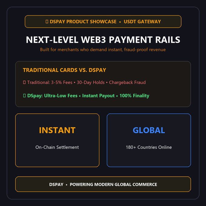 DSPAY product showcase advertisement for a USDT gateway with Web3 payment rails, highlighting instant on-chain settlement and global availability in 180+ countries.