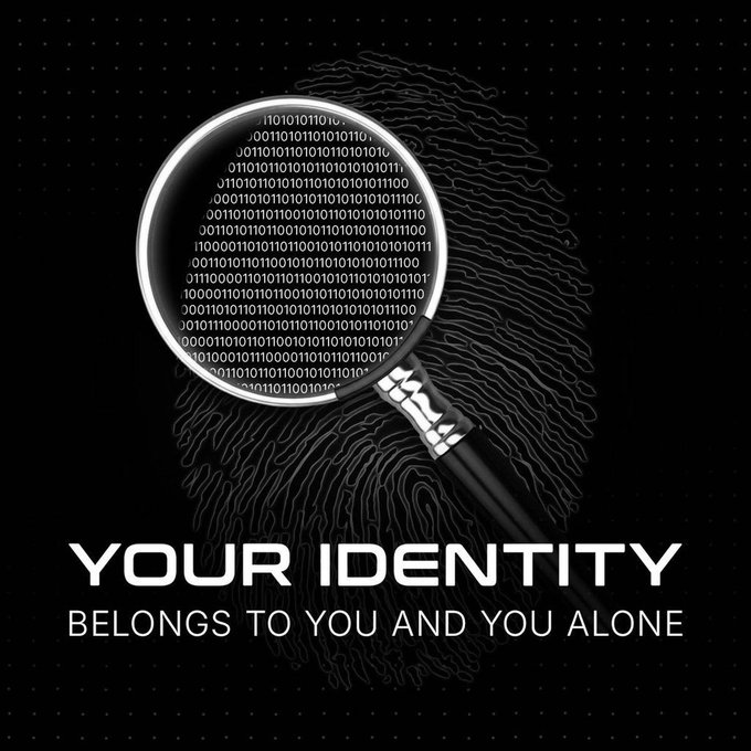 A magnifying glass reveals binary code forming a fingerprint, accompanied by the text "YOUR IDENTITY BELONGS TO YOU AND YOU ALONE," symbolizing privacy-focused identity protection that aligns with BChat's phone-number-free signup and BNS name system for anonymous, user-controlled communication.