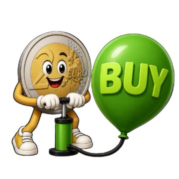 A cartoon Euro coin character with a smiling face, pumping a foot pump to inflate a green balloon with the word 'BUY' written on it.