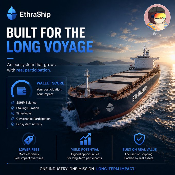 A promotional graphic for 'EthraShip' featuring a large cargo ship at sea, highlighting 'Built for the Long Voyage' with Wallet Score metrics and benefits like Lower Fees, Yield Potential, and Built on Real Value.