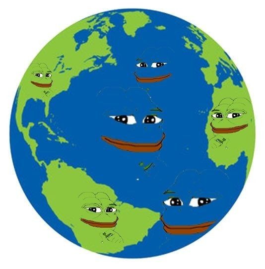 A Pepe the Frog cartoon meme depicting Earth as a globe with multiple smiling Pepe faces across the continents and oceans.