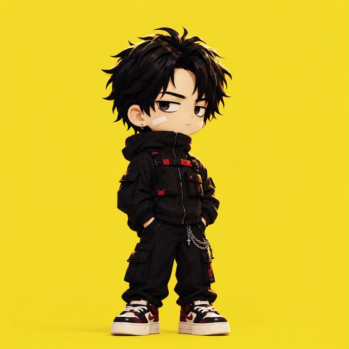 A chibi-style animated illustration depicts a character with messy dark hair, wearing an all-black tactical outfit with red accents and chains, standing against a solid yellow background.