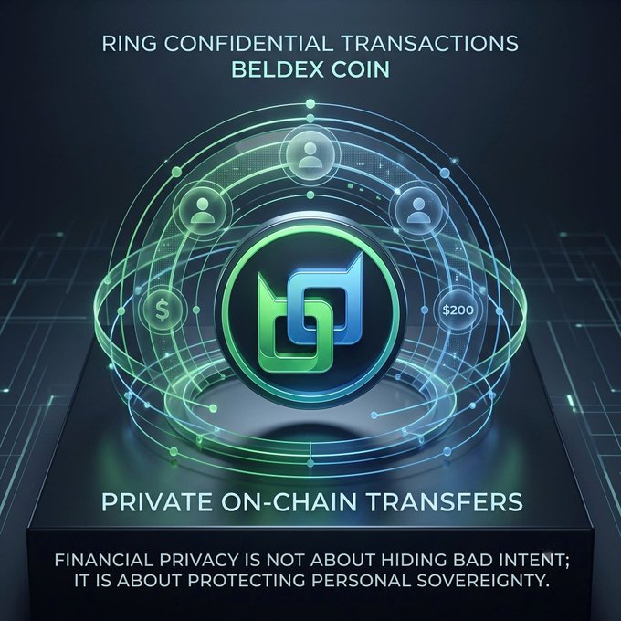 A futuristic digital advertisement for BELDEX COIN titled "RING CONFIDENTIAL TRANSACTIONS" promoting "PRIVATE ON-CHAIN TRANSFERS" with the tagline "FINANCIAL PRIVACY IS NOT ABOUT HIDING BAD INTENT; IT IS ABOUT PROTECTING PERSONAL SOVEREIGNTY."