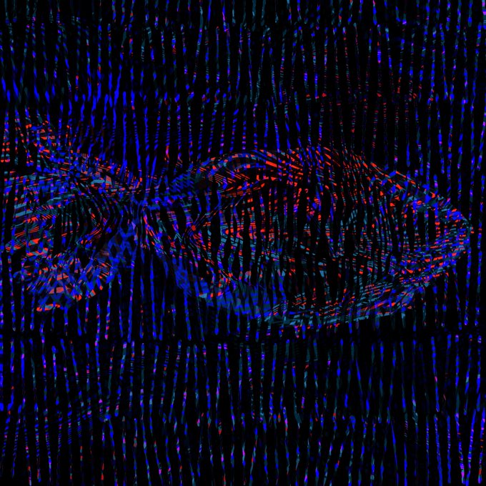 A digitally manipulated image with a vibrant, glitch-like texture shows what appears to be a car reflected in water, rendered in intense blue and red colors against a black background.