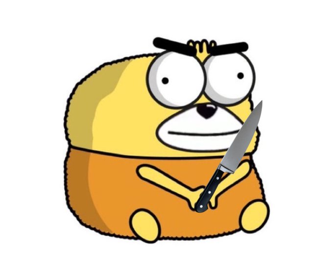A cartoon illustration of a yellow bear-like character with large round eyes, an angry expression, and black eyebrows, holding a large knife against a white background.
