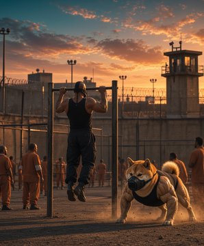 A man performing pull-ups at an outdoor prison-style workout area with barbed wire fencing, while a muscular bulldog wearing a vest runs alongside him during sunset.