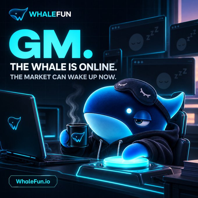 A digital promotional graphic featuring a cartoon whale character wearing a sleep mask and holding a coffee mug, with the text 'WHALEFUN', 'GM. THE WHALE IS ONLINE. THE MARKET CAN WAKE UP NOW.' and 'WhaleFun.io'.