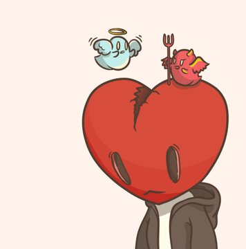 An illustration featuring a red heart-shaped character holding a pitchfork alongside a small angel character with a halo, set against a white background.