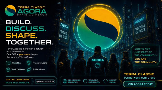 A promotional graphic for "Terra Classic AGORA Official Forum" with the tagline "BUILD. DISCUSS. SHAPE. TOGETHER." featuring a group of people facing large digital screens in a futuristic cityscape, promoting community-driven governance at agora.terra-classic.io.