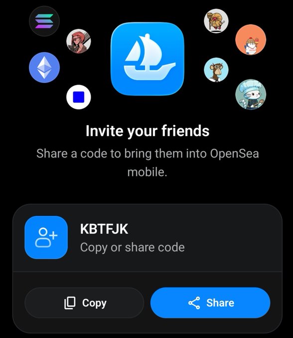 A mobile app screen from OpenSea displays an 'Invite your friends' message with the code 'KBTFJK' and buttons to copy or share the code.