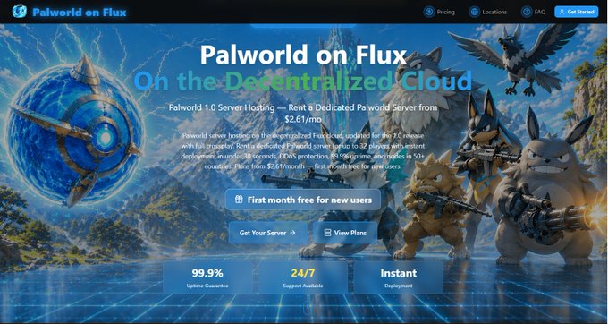 A promotional banner for 'Palworld on Flux' decentralized cloud server hosting starting at $2.61/mo, featuring game characters and offering 99.9% uptime, 24/7 support, and instant deployment.