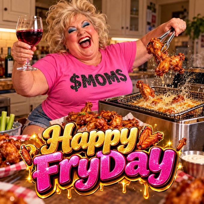 A vibrant promotional image of a blonde woman in a pink '$MOMS' shirt joyfully holding wine and tongs full of fried chicken, with bold text reading 'Happy FryDay'.