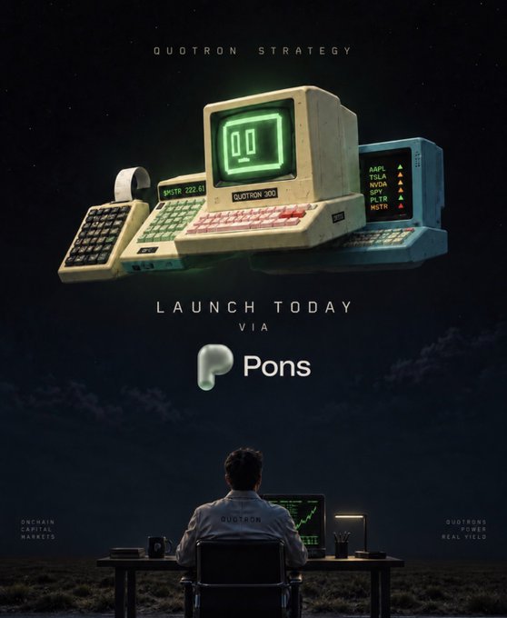 An advertisement reads 'QUOTRON STRATEGY' and 'LAUNCH TODAY VIA Pons,' featuring retro computer terminals floating above a person seated at a desk in a dark landscape.
