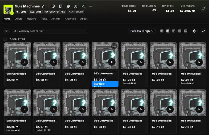 An OpenSea NFT marketplace listing for '98's Machines' showing 7,500 items with floor price of $2.20 and 24h volume of $2,078.79, displaying a grid of '98's Unrevealed' tokens priced between $2.20 and $2.40.