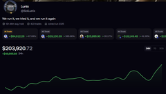 A cryptocurrency tracking interface displays Luna's price at $203.02 with a rising green chart and the tagline 'We don't need luck, we just need to fly again.'