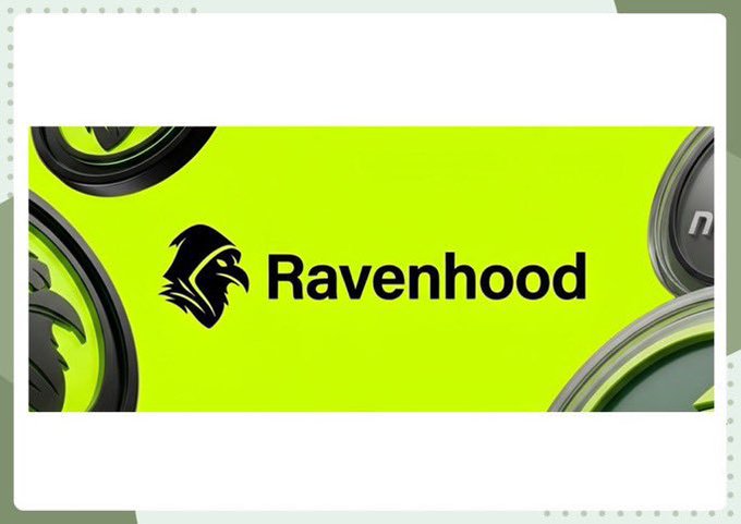 A bright lime-green promotional graphic for 'Ravenhood' featuring the brand name and a black raven logo, surrounded by stylized circular design elements.
