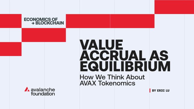A presentation slide from the Avalanche Foundation titled 'VALUE ACCRUAL AS EQUILIBRIUM: How We Think About AVAX Tokenomics' by Eric Lu, part of the 'Economics of Blockchain' series.