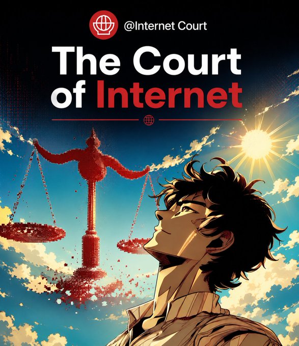 An anime-style illustration for '@Internet Court' titled 'The Court of Internet', depicting a young man looking up at a pixelated red figure holding scales of justice against a cloudy blue sky.