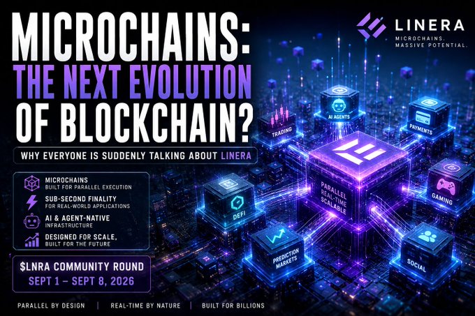 A promotional banner for 'LINERA' featuring the text 'MICROCHAINS: THE NEXT EVOLUTION OF BLOCKCHAIN?' and announcing a '$LNRA COMMUNITY ROUND' from Sept 1 – Sept 8, 2026.