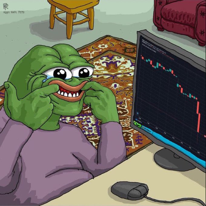 The image shows a Pepe the Frog cartoon character with tears in his eyes but forcing a smile while looking at a computer screen displaying a sharply declining stock/crypto chart with red and green candlesticks, with the text "VERY RARE PEPE" visible in the corner. The artwork, labeled "$PEPE" in the accompanying post, visually reinforces the message of staying positive and resilient through difficult market downturns.