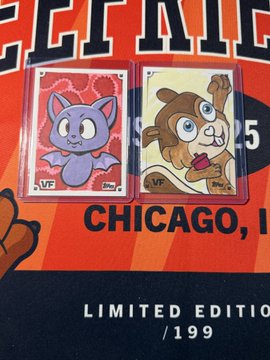 Two limited edition collector cards featuring a purple cat and a brown squirrel character, displayed against a Chicago Bears background, labeled 'LIMITED EDITION 1/199'.