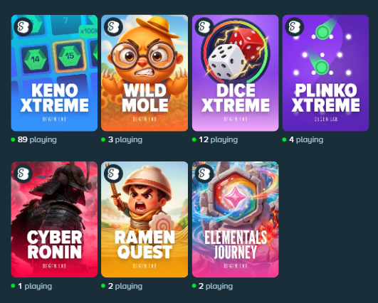 The image displays a grid of seven casino game tiles from Stake's "Degen Lab" collection, including Keno Xtreme, Wild Mole, Dice Xtreme, Plinko Xtreme, Cyber Ronin, Ramen Quest, and Elementals Journey, each showing player counts ranging from 1 to 89. The colorful promotional layout invites viewers to choose which slot to try, aligning with the post asking the community which Degen Lab game they'll play next.