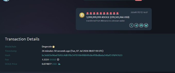 A Dogecoin (DOGE) transaction details page showing 3,999,999,999 DOGE (~$299,505,966 USD) transferred from a Binance wallet on July 7, 2026.