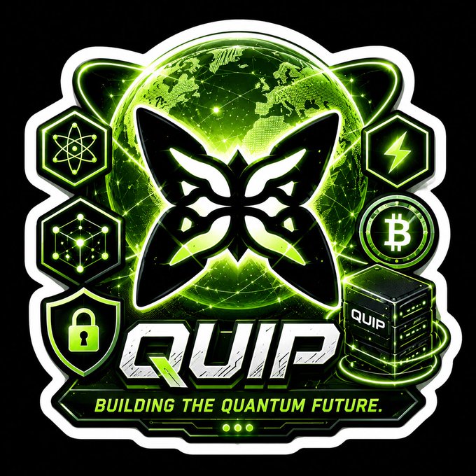 A glowing green sticker features a central butterfly emblem over a digital globe, surrounded by tech icons (atom, lightning bolt, Bitcoin, data cube, lock, and 3D cube labeled "QUIP"), with the bold text "QUIP" and tagline "BUILDING THE QUANTUM FUTURE." The futuristic design visually reinforces the post's theme of $QUIP expanding blockchain infrastructure beyond just security into decentralized quantum-powered compute.